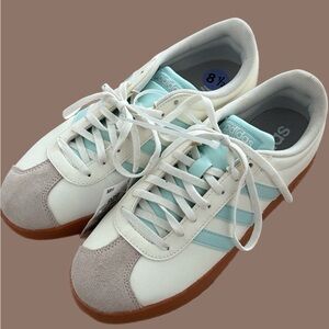 Adidas White and Light Blue Sneakers with Gum Sole